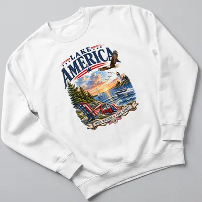 Vintage illustration of a lake with an eagle and lighthouse under the text Lake America Wide Waters Free Spirit — printed on a unisex sweatshirt