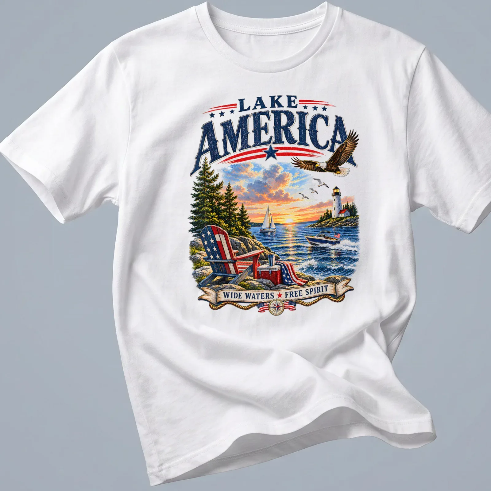 Vintage illustration of a lake with an eagle and lighthouse under the text Lake America Wide Waters Free Spirit — printed on a unisex t-shirt