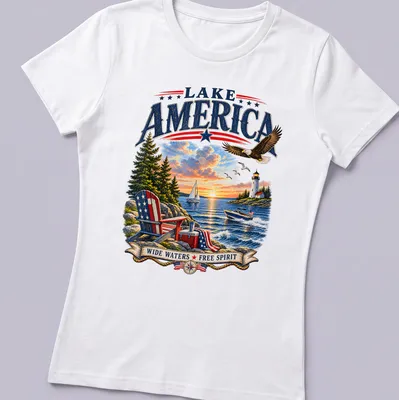 Vintage illustration of a lake with an eagle and lighthouse under the text Lake America Wide Waters Free Spirit — printed on a women's shirt