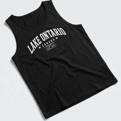 Vintage print of Lake Ontario Canada established 1615 on white background — printed on a tank top