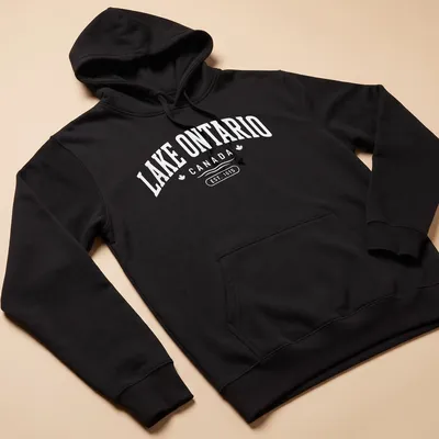 Vintage print of Lake Ontario Canada established 1615 on white background — printed on a unisex hoodie