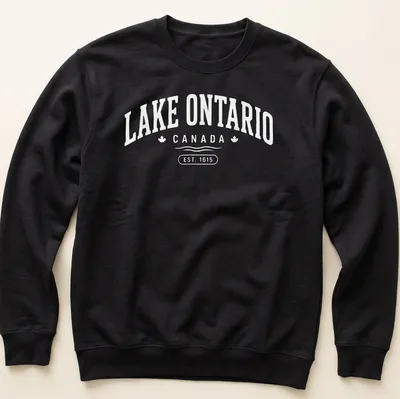 Vintage print of Lake Ontario Canada established 1615 on white background — printed on a unisex sweatshirt