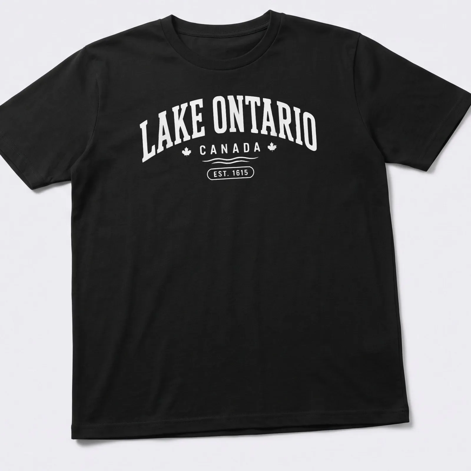 Vintage print of Lake Ontario Canada established 1615 on white background — printed on a unisex t-shirt