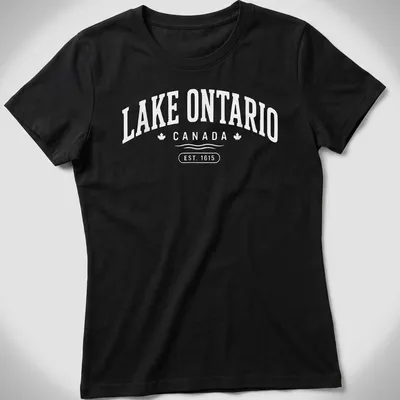 Vintage print of Lake Ontario Canada established 1615 on white background — printed on a women's shirt