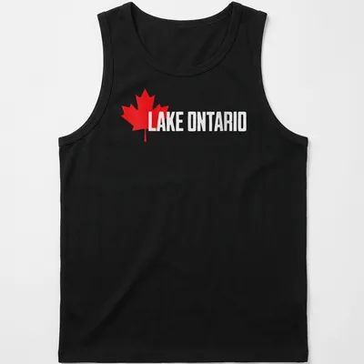 Bold graphic T-shirt featuring a Canadian maple leaf and Lake Ontario text in red and white. — printed on a tank top