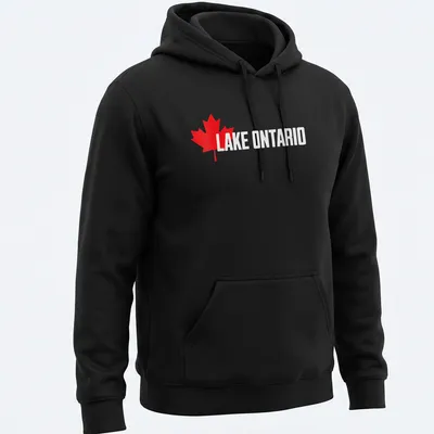 Bold graphic T-shirt featuring a Canadian maple leaf and Lake Ontario text in red and white. — printed on a unisex hoodie