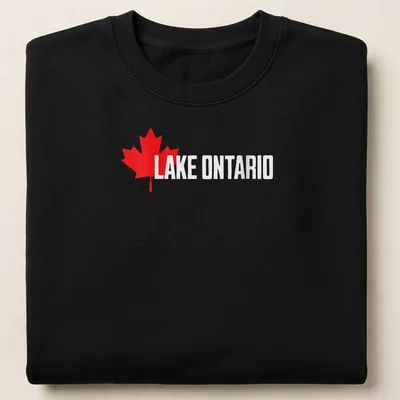 Bold graphic T-shirt featuring a Canadian maple leaf and Lake Ontario text in red and white. — printed on a unisex sweatshirt