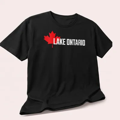 Bold graphic T-shirt featuring a Canadian maple leaf and Lake Ontario text in red and white. — printed on a unisex t-shirt (angled view)