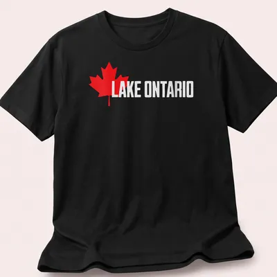 Bold graphic T-shirt featuring a Canadian maple leaf and Lake Ontario text in red and white.