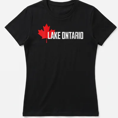 Bold graphic T-shirt featuring a Canadian maple leaf and Lake Ontario text in red and white. — printed on a women's shirt