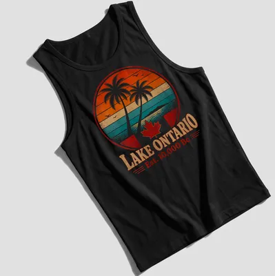 Retro vintage Lake Ontario Est. 10,000 Bc shirt with palm trees and sunset colors — printed on a tank top