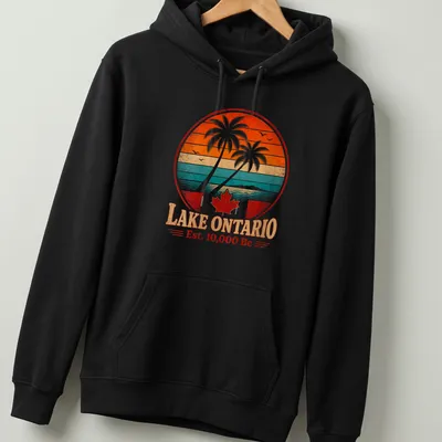 Retro vintage Lake Ontario Est. 10,000 Bc shirt with palm trees and sunset colors — printed on a unisex hoodie