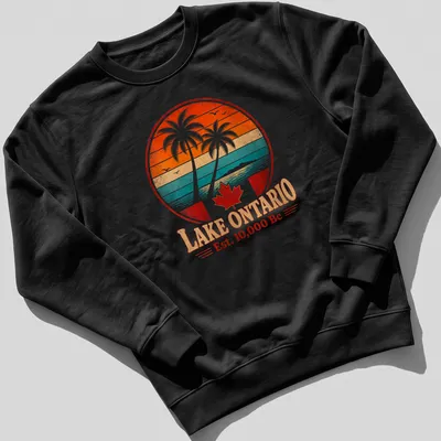 Retro vintage Lake Ontario Est. 10,000 Bc shirt with palm trees and sunset colors — printed on a unisex sweatshirt
