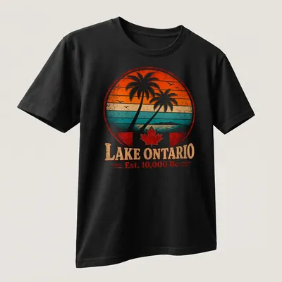 Retro vintage Lake Ontario Est. 10,000 Bc shirt with palm trees and sunset colors — printed on a unisex t-shirt (angled view)