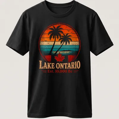 Retro vintage Lake Ontario Est. 10,000 Bc shirt with palm trees and sunset colors