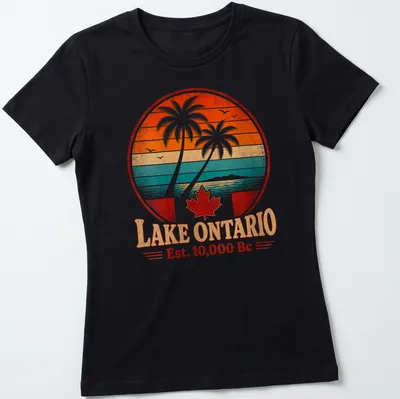 Retro vintage Lake Ontario Est. 10,000 Bc shirt with palm trees and sunset colors — printed on a women's shirt