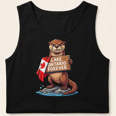 Cartoon otter holding a sign saying Lake Ontario Forever, with cheerful colors — printed on a tank top