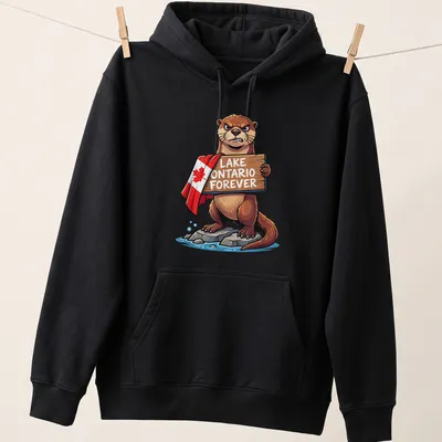 Cartoon otter holding a sign saying Lake Ontario Forever, with cheerful colors — printed on a unisex hoodie