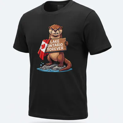 Cartoon otter holding a sign saying Lake Ontario Forever, with cheerful colors