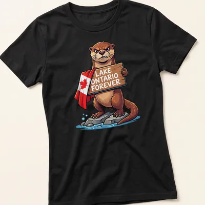Cartoon otter holding a sign saying Lake Ontario Forever, with cheerful colors — printed on a women's shirt