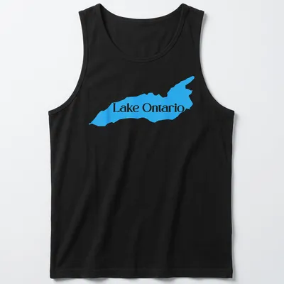 Detailed blue map silhouette of Lake Ontario with printed text — printed on a tank top
