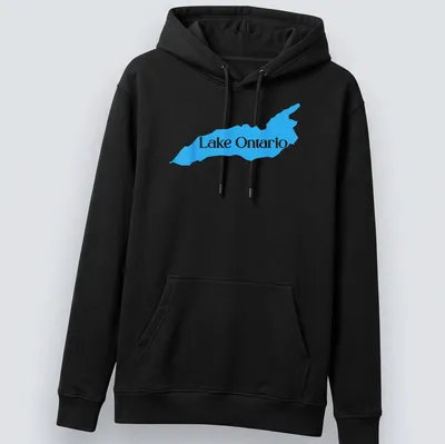 Detailed blue map silhouette of Lake Ontario with printed text — printed on a unisex hoodie