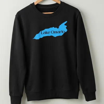 Detailed blue map silhouette of Lake Ontario with printed text — printed on a unisex sweatshirt