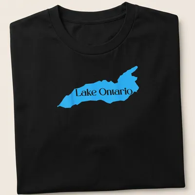 Detailed blue map silhouette of Lake Ontario with printed text