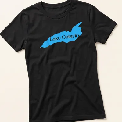 Detailed blue map silhouette of Lake Ontario with printed text — printed on a women's shirt