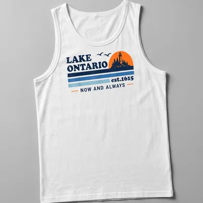 Retro lighthouse graphic with printed text about Lake Ontario. — printed on a tank top