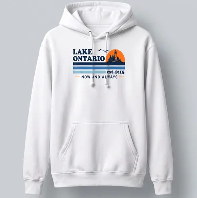 Retro lighthouse graphic with printed text about Lake Ontario. — printed on a unisex hoodie