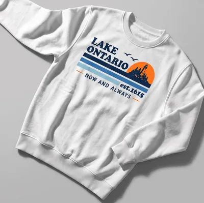 Retro lighthouse graphic with printed text about Lake Ontario. — printed on a unisex sweatshirt