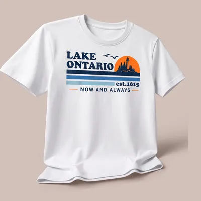 Retro lighthouse graphic with printed text about Lake Ontario. — printed on a unisex t-shirt (angled view)