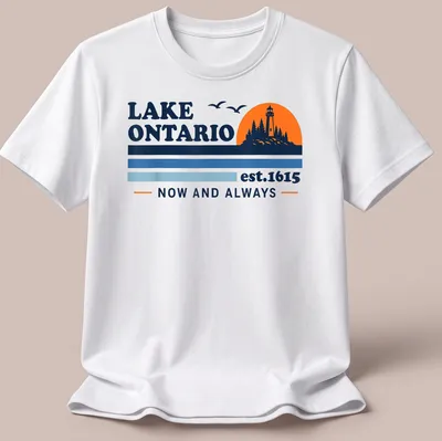 Retro lighthouse graphic with printed text about Lake Ontario.