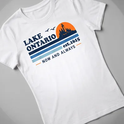 Retro lighthouse graphic with printed text about Lake Ontario. — printed on a women's shirt