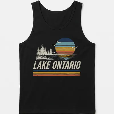 Retro vintage Lake Ontario sunset scene with birds and trees in orange and blue hues — printed on a tank top