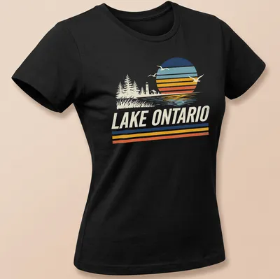 Retro vintage Lake Ontario sunset scene with birds and trees in orange and blue hues — printed on a women's shirt