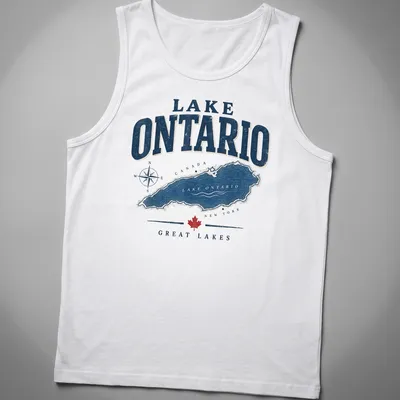 Vintage map t-shirt featuring Lake Ontario in navy, white, and red. — printed on a tank top