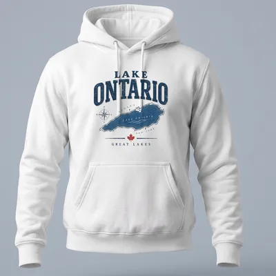 Vintage map t-shirt featuring Lake Ontario in navy, white, and red. — printed on a unisex hoodie