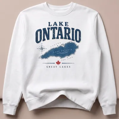 Vintage map t-shirt featuring Lake Ontario in navy, white, and red. — printed on a unisex sweatshirt
