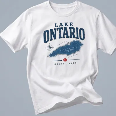 Vintage map t-shirt featuring Lake Ontario in navy, white, and red.