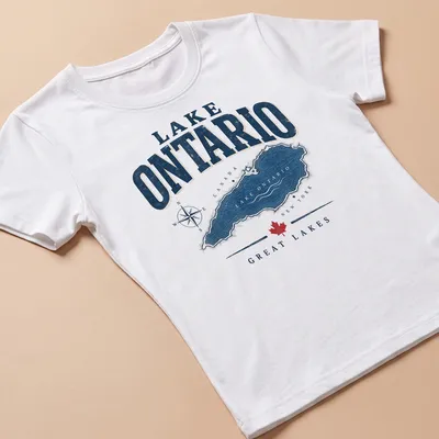 Vintage map t-shirt featuring Lake Ontario in navy, white, and red. — printed on a women's shirt