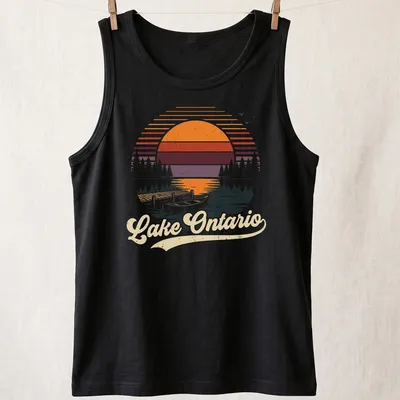 Retro vintage print of Lake Ontario with a canoe and dock at sunset. — printed on a tank top