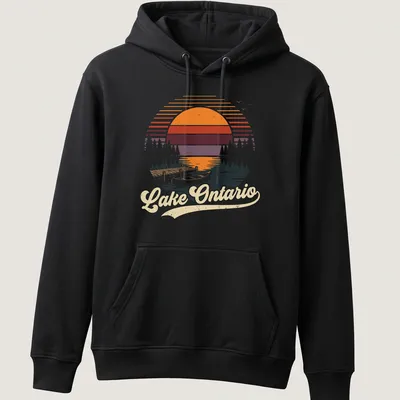Retro vintage print of Lake Ontario with a canoe and dock at sunset. — printed on a unisex hoodie