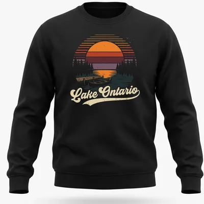Retro vintage print of Lake Ontario with a canoe and dock at sunset. — printed on a unisex sweatshirt