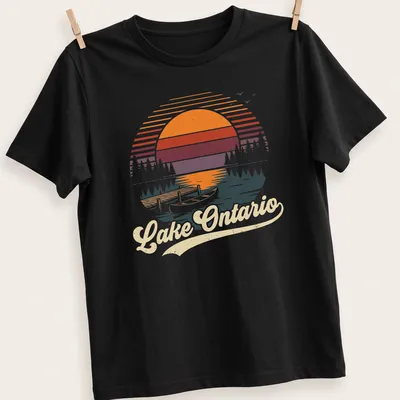 Retro vintage print of Lake Ontario with a canoe and dock at sunset.
