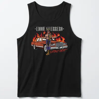 Vintage street art style t-shirt featuring Eddie Guerrero with the text Latino Heat — printed on a tank top