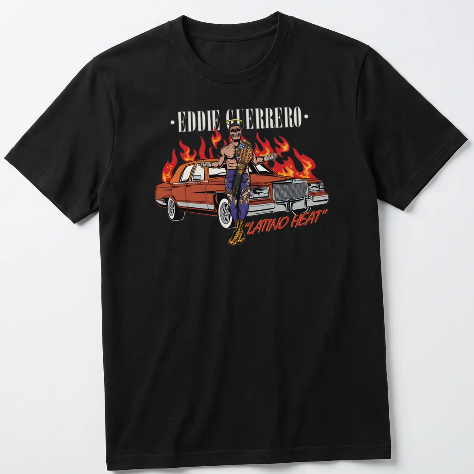 Vintage street art style t-shirt featuring Eddie Guerrero with the text Latino Heat — printed on a unisex t-shirt