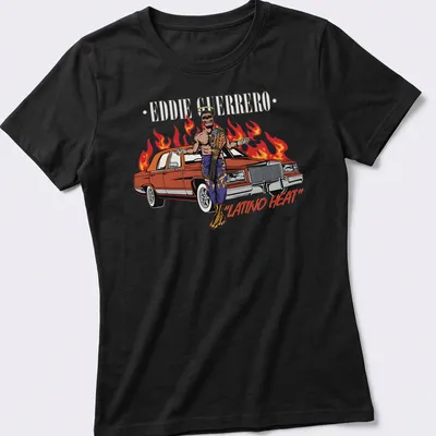 Vintage street art style t-shirt featuring Eddie Guerrero with the text Latino Heat — printed on a women's shirt
