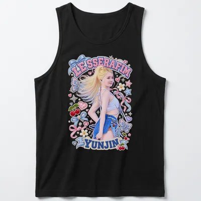 Colorful pop art graphic of Yunjin from LE SSERAFIM on a white crop top — printed on a tank top